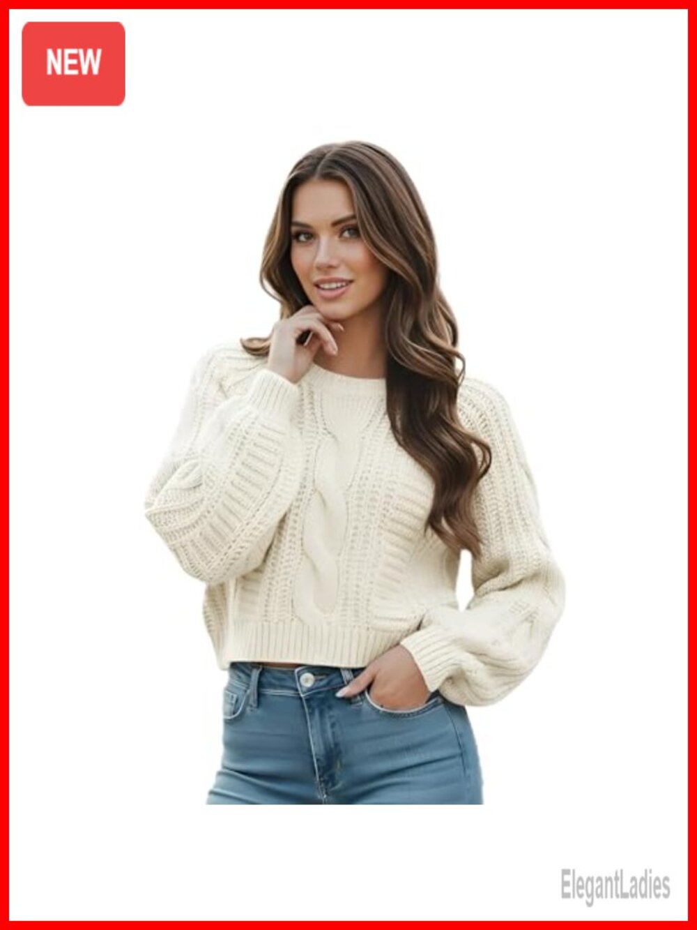 Cropped Cable Knit Sweater Long Sleeve Pullover Casual Fall Winter Top